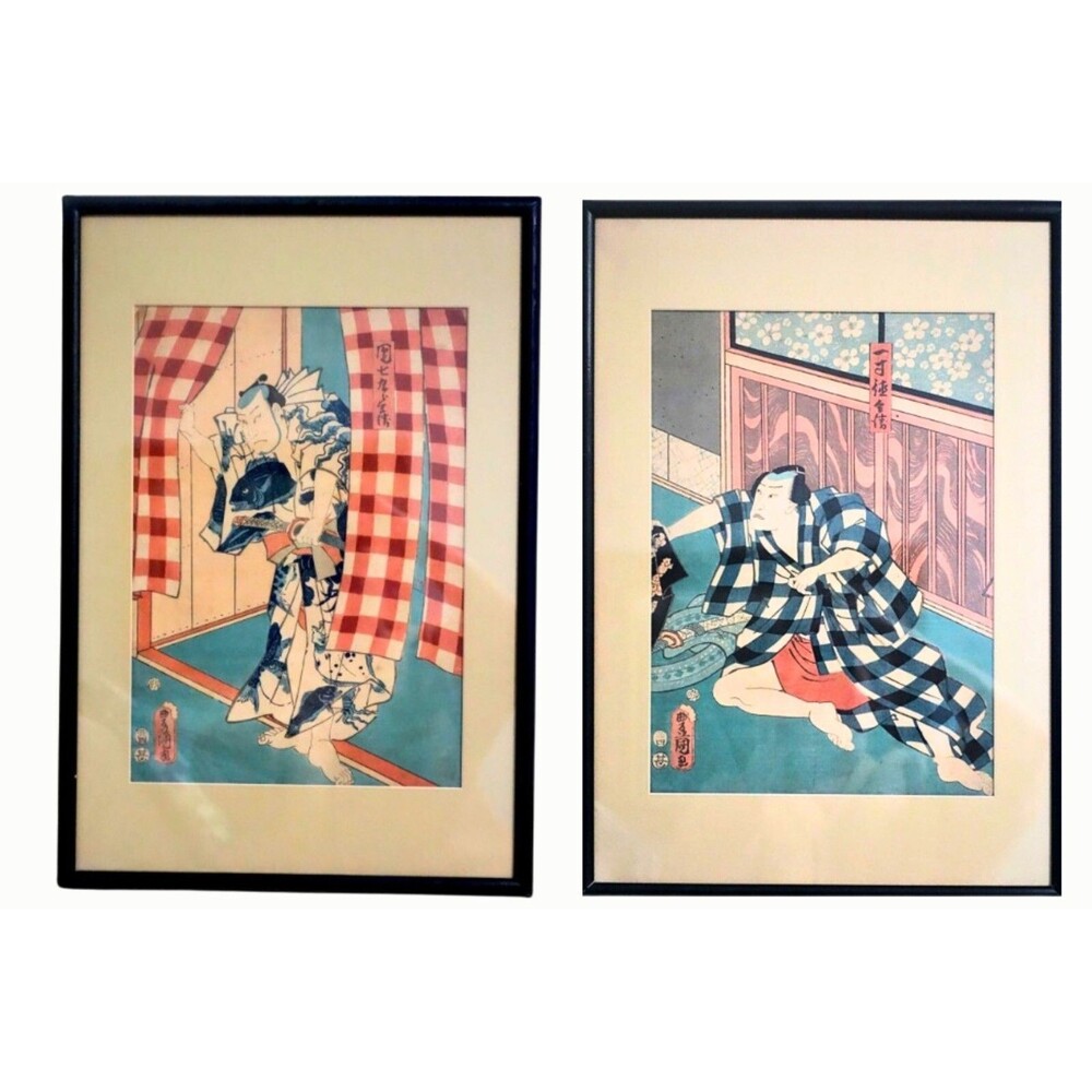 1800's Set of 2 Rare Utagawa Kunisada Woodblock Art Prints Framed (Edo Period)